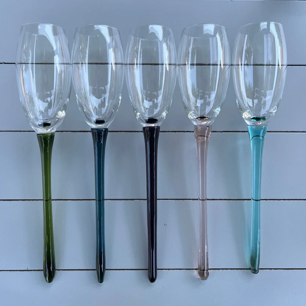 VTG 5 Hand Blown Champagne Bouquet Flutes Long Stems with Glass Vase